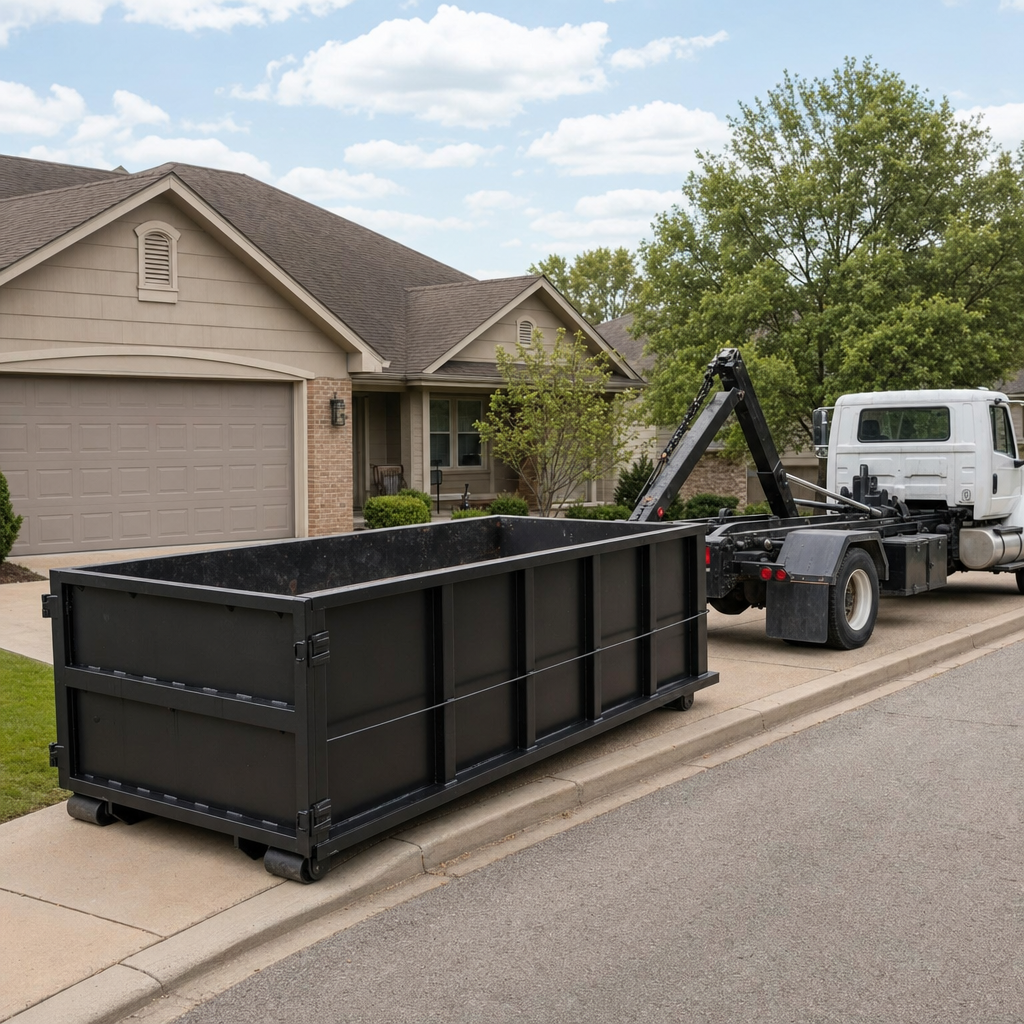 Wide documentary shot of a matte-black roll-off dumpster on a Sandy Springs residential driveway in the foreground and a contractor jobsite container in the soft-focus background, bright daylight, calm and orderly composition.